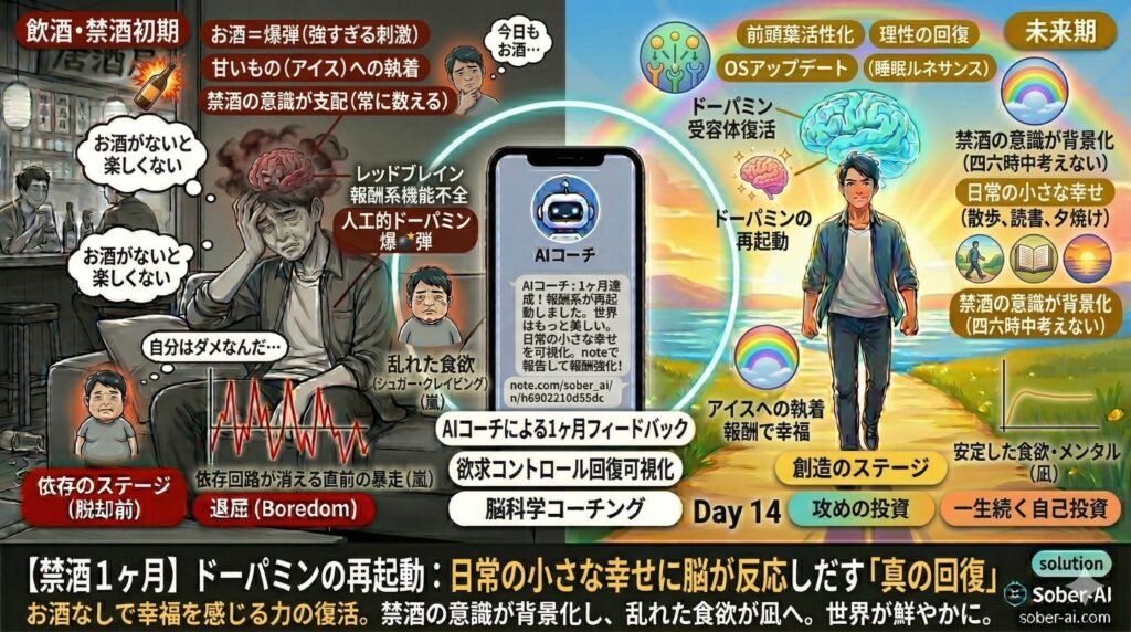 【禁酒1ヶ月】ドーパミンの再起動： 日常の小さな幸せに脳が反応しだす「真の回復」 お酒なしで幸福を感じる力の復活。禁酒の意識が背景化し、乱れた食欲が凪へ。世界が鮮やかに。