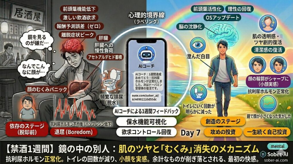 【禁酒1週間】鏡の中の別人： 肌のツヤと「むくみ」消失のメカニズム 抗利尿ホルモン正常化。トイレの回数が減り、小顔を実感。余計なものが削ぎ落とされる、最初の快感。