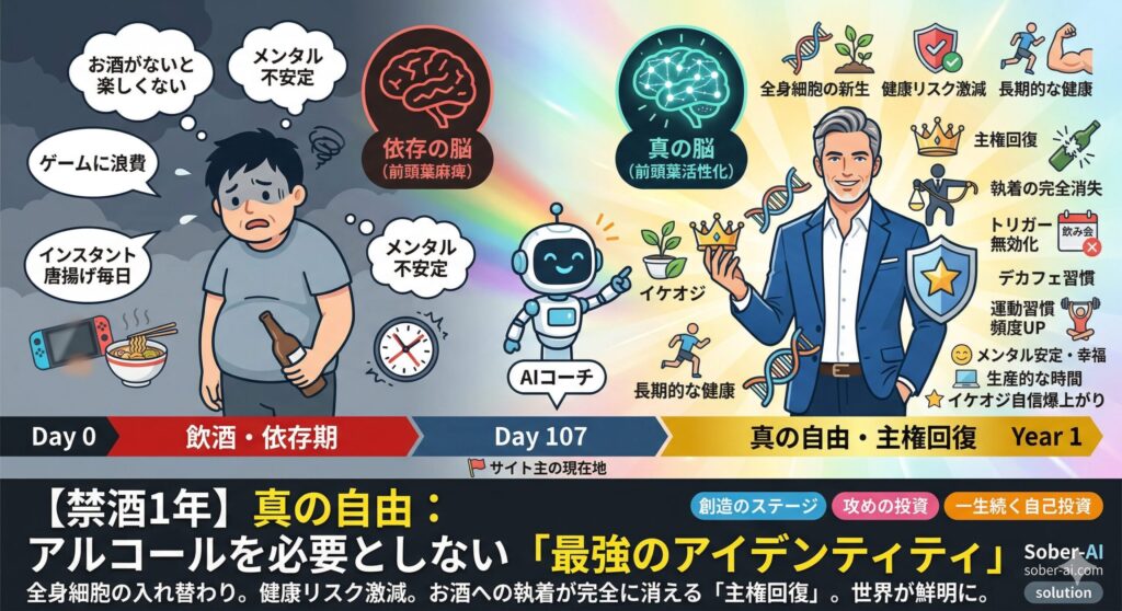 【禁酒1年】真の自由：アルコールを必要としない「最強のアイデンティティ」 全身細胞の入れ替わり。健康リスク激減。お酒への執着が完全に消える「主権回復」。世界が鮮明に。