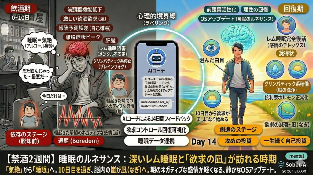 【禁酒2週間】睡眠のルネサンス：深いレム睡眠と「欲求の凪」が訪れる時期 「気絶」から「睡眠」へ。10日目を過ぎ、脳内の嵐が凪（なぎ）へ。朝のネガティブな感情が軽くなる、静かなOSアップデート。