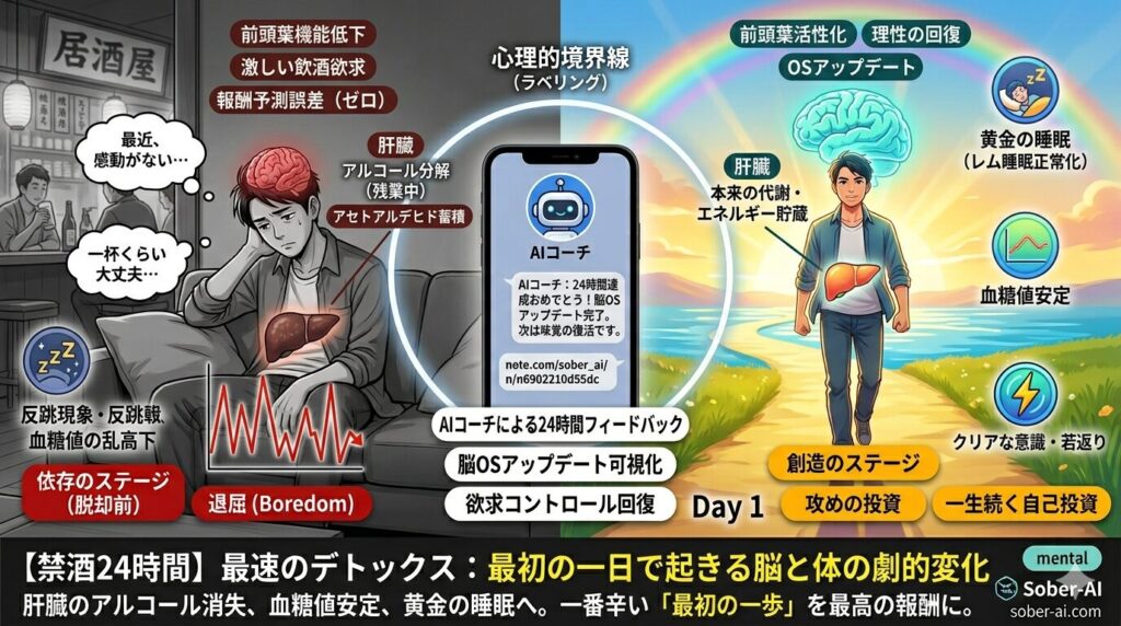 【禁酒24時間】最速のデトックス： 最初の一日で起きる脳と体の劇的変化 肝臓のアルコール消失、血糖値安定、黄金の睡眠へ。一番辛い「最初の一歩」を最高の報酬に。