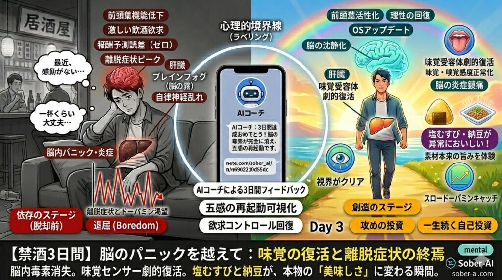 【禁酒3日間】脳のパニックを越えて： 味覚の復活と離脱症状の終焉 脳内毒素消失。味覚センサー劇的復活。塩むすびと納豆が、本物の「美味しさ」に変わる瞬間。