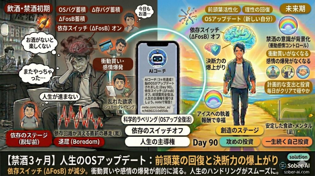 【禁酒3ヶ月】人生のOSアップデート：前頭葉の回復と決断力の爆上がり 依存スイッチ（ΔFosB）が減少。衝動買いや感情の爆発が劇的に減る。人生のハンドリングがスムーズに。