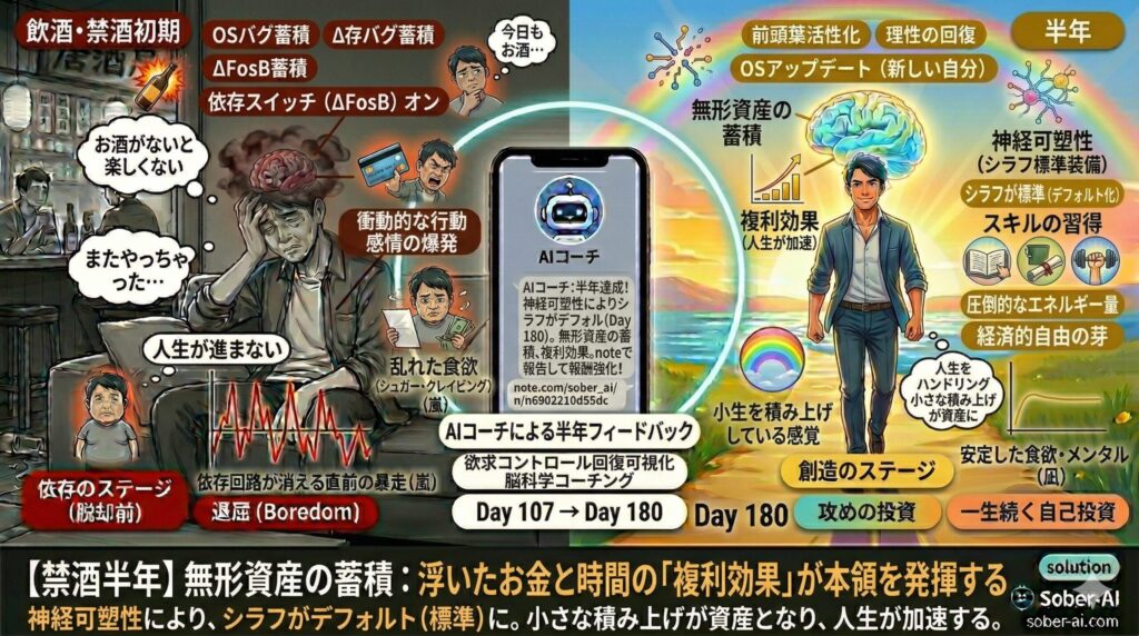 【禁酒半年】無形資産の蓄積：浮いたお金と時間の「複利効果」が本領を発揮する 神経可塑性により、シラフがデフォルト（標準）に。小さな積み上げが資産となり、人生が加速する。