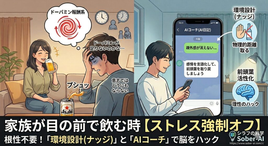 家族が目の前で飲む時【ストレス強制オフ】 根性不要！「環境設計（ナッジ）」と「AIコーチ」で脳をハック