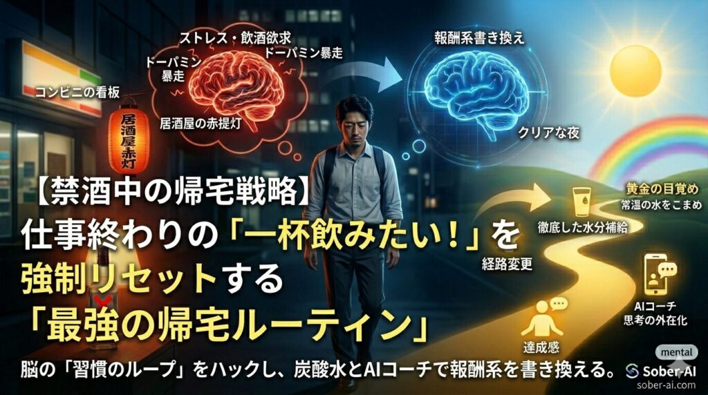 【禁酒中の帰宅戦略】 仕事終わりの「一杯飲みたい！」を 強制リセットする 「最強の帰宅ルーティン」。脳の「習慣のループ」をハックし、炭酸水とAIコーチで報酬系を書き換える。
