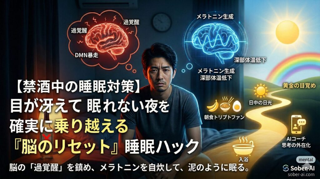 【禁酒中の睡眠対策】目が冴えて眠れない夜を確実に乗り越える『脳のリセット』睡眠ハック。脳の「過覚醒」を鎮め、メラトニンを自炊して、泥のように眠る。