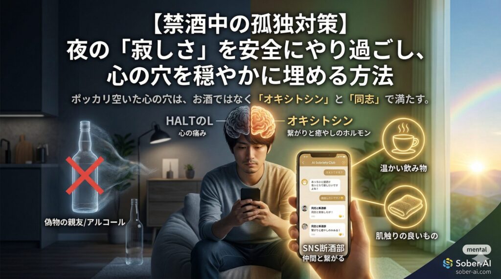【禁酒中の孤独対策】夜の「寂しさ」を安全にやり過ごし、心の穴を穏やかに埋める方法。ポッカリ空いた心の穴は、お酒ではなく「オキシトシン」と「同志」で満たす。