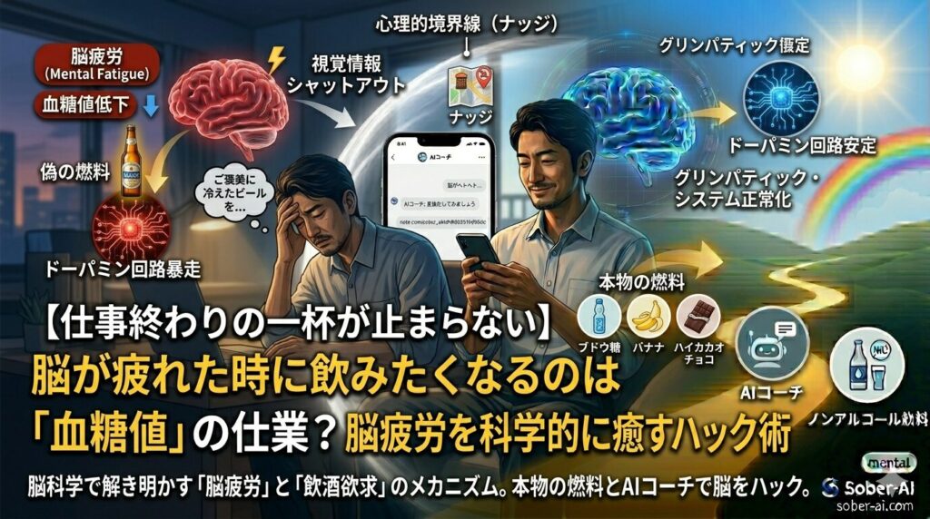 【仕事終わりの一杯が止まらない】 脳が疲れた時に飲みたくなるのは 「血糖値」の仕業？脳疲労を科学的に癒やすハック術 脳科学で解き明かす「脳疲労」と「飲酒欲求」のメカニズム。本物の燃料とAIコーチで脳をハック。