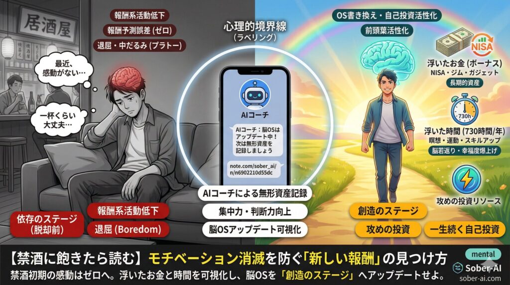 【禁酒に飽きたら読む】モチベーション消滅を防ぐ「新しい報酬」の見つけ方 禁酒初期の感動はゼロへ。浮いたお金と時間を可視化し、脳OSを「創造のステージ」へアップデートせよ。
