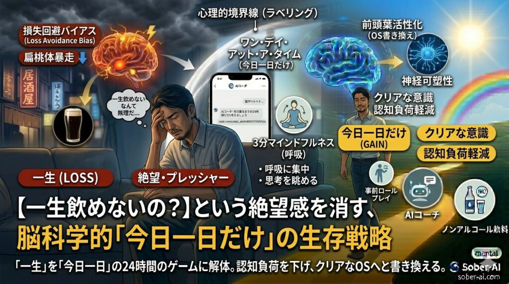 【一生飲めないの？】という絶望感を消す、脳科学的「今日一日だけ」の生存戦略 「一生」を「今日一日」の24時間のゲームに解体。認知負荷を下げ、クリアなOSへと書き換える。