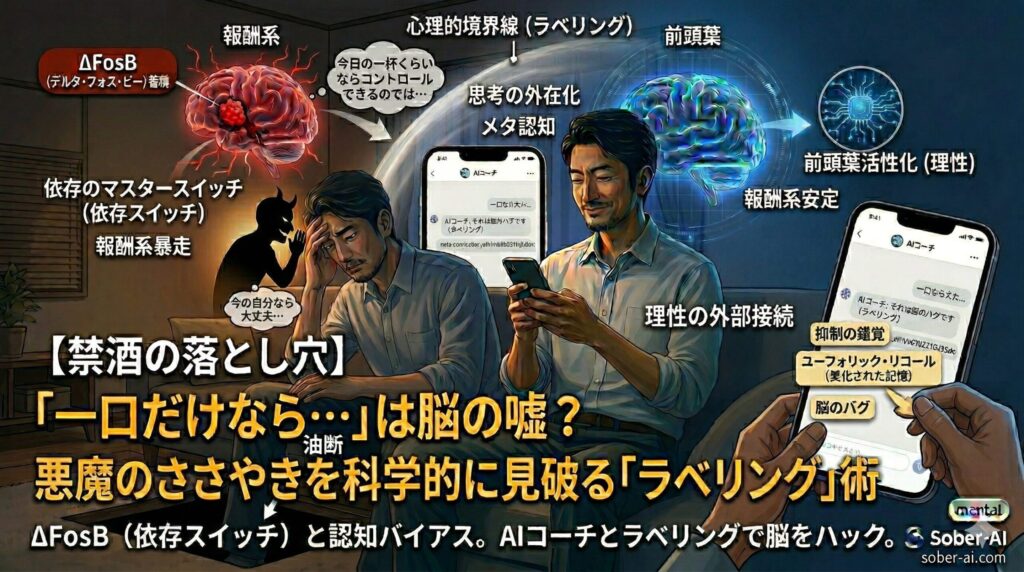 「一口だけなら…」は脳の嘘？ 悪魔のささやきを科学的に見破る「ラベリング」術 $\Delta$FosB（依存スイッチ）と認知バイアス。AIコーチとラベリングで脳をハック。