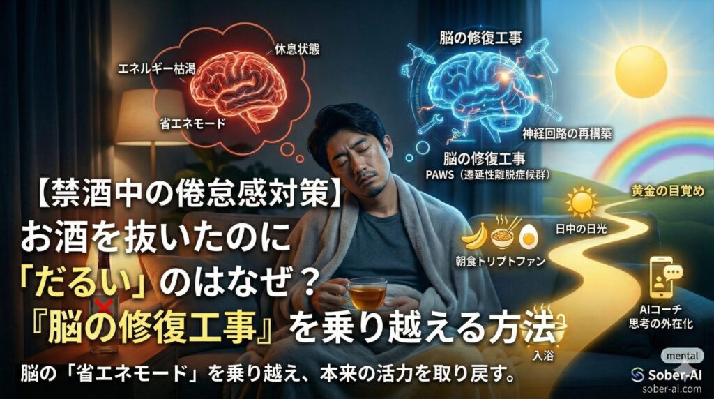【禁酒中の倦怠感対策】お酒を抜いたのに「だるい」のはなぜ？『脳の修復工事』を乗り越える方法。脳の「省エネモード」を乗り越え、本来の活力を取り戻す。