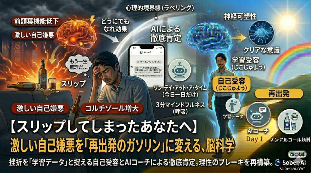 【スリップ（再飲酒）してしまったあなたへ】 激しい自己嫌悪を「再出発のガソリン」に変える、脳科学的リカバリー術 挫折を「学習データ」と捉える自己受容とAIコーチによる徹底肯定。理性のブレーキを再構築。
